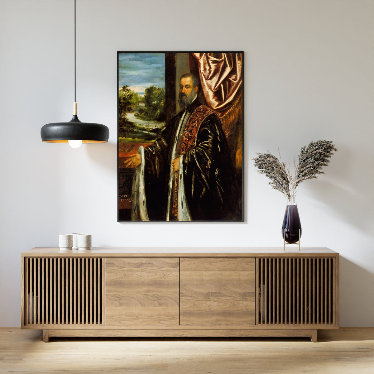 Framed art print of Portrait of Marino Grimani by Tintoretto, above a slatted wood sideboard