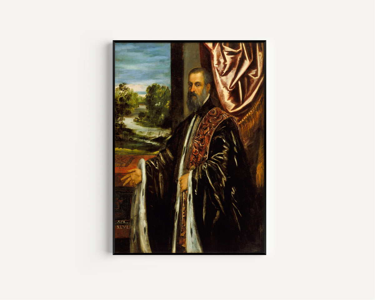Framed art print of Portrait of Marino Grimani by Tintoretto, in a slim black frame on a plain white wall