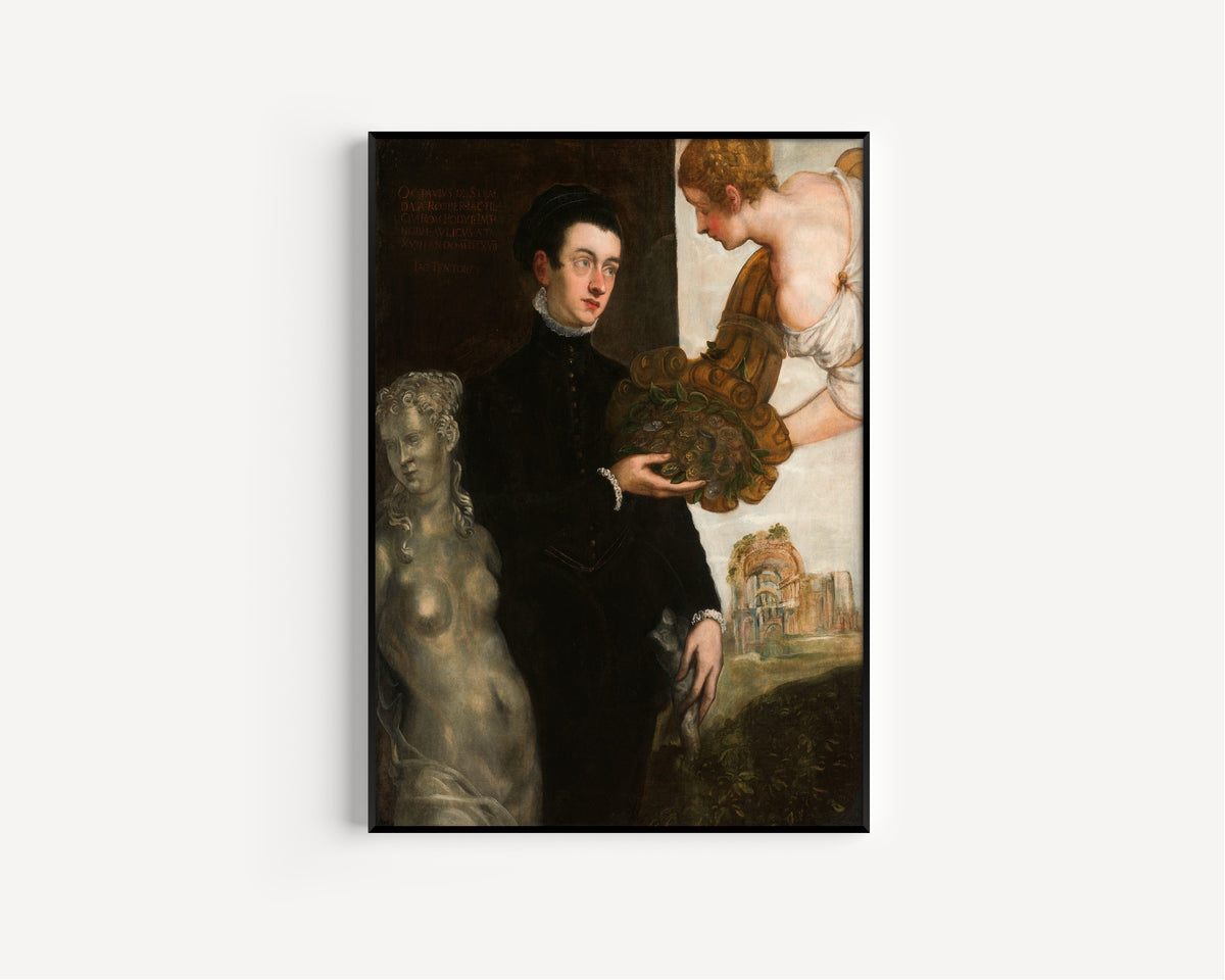 Framed art print of Portrait of Ottavio Strada by Tintoretto, in a slim black frame on a plain white wall