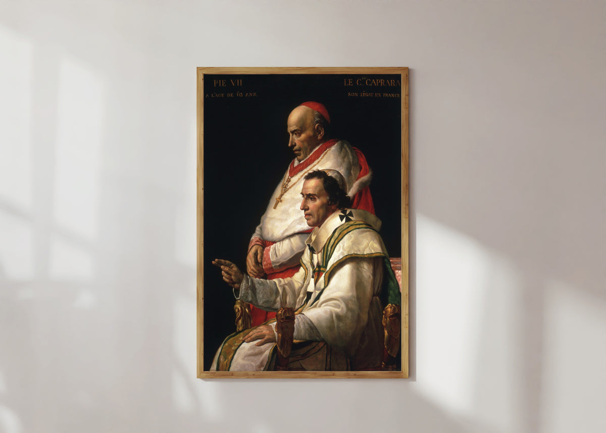 Framed art print of Portrait of Pope Pius VII and Cardinal Caprara by Jacques-Louis David, in a light wood frame on a sunlit white wall