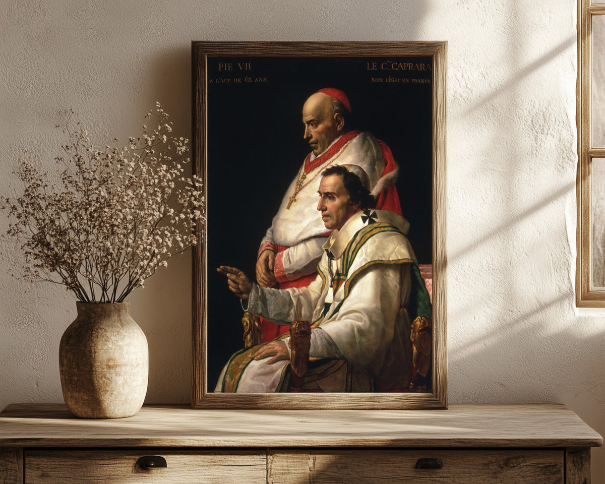 Framed art print of Portrait of Pope Pius VII and Cardinal Caprara by Jacques-Louis David, in a dark wood frame leaning on a rustic console beside dried flowers