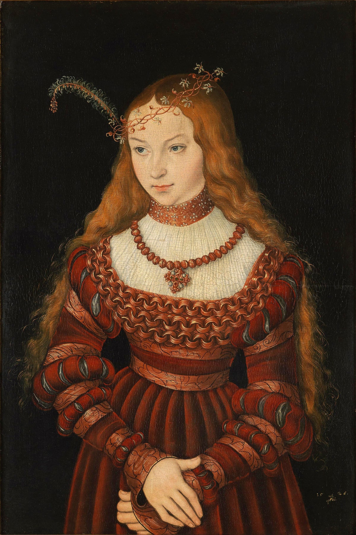 Portrait of Princess Sibylle of Cleves by Lucas Cranach the Elder — A red-haired girl in a jewelled wreath and a red gown banded in gold
