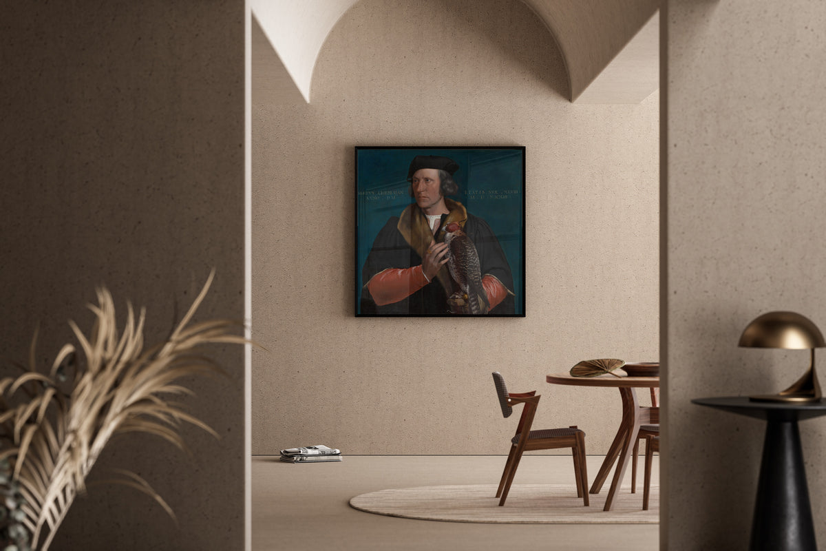 Framed art print of Portrait of Robert Cheseman by Hans Holbein the Younger, in a sunlit dining corner