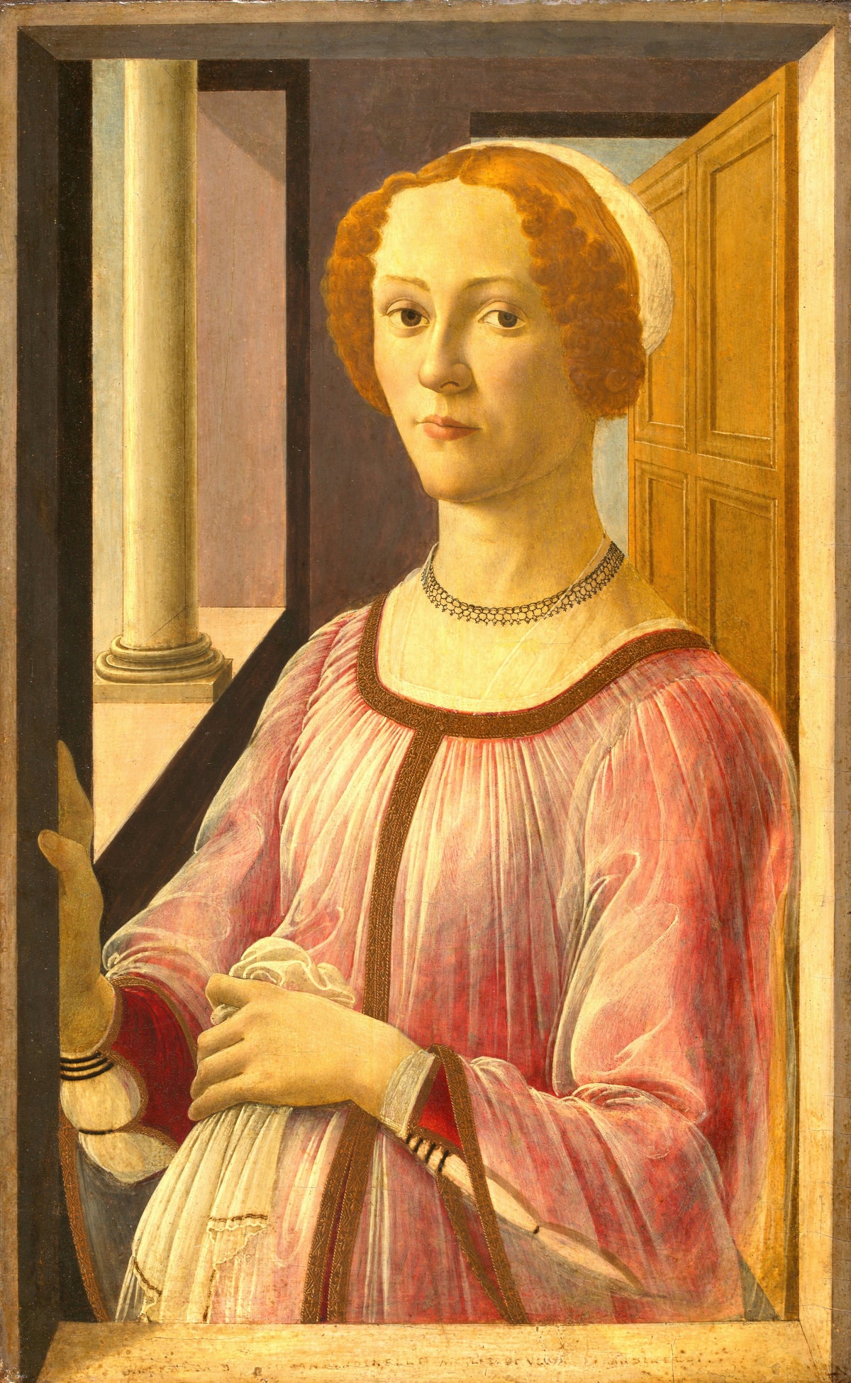 Portrait of Smeralda Bandinelli by Sandro Botticelli — A copper-haired woman at a window holds a sheer white cloth