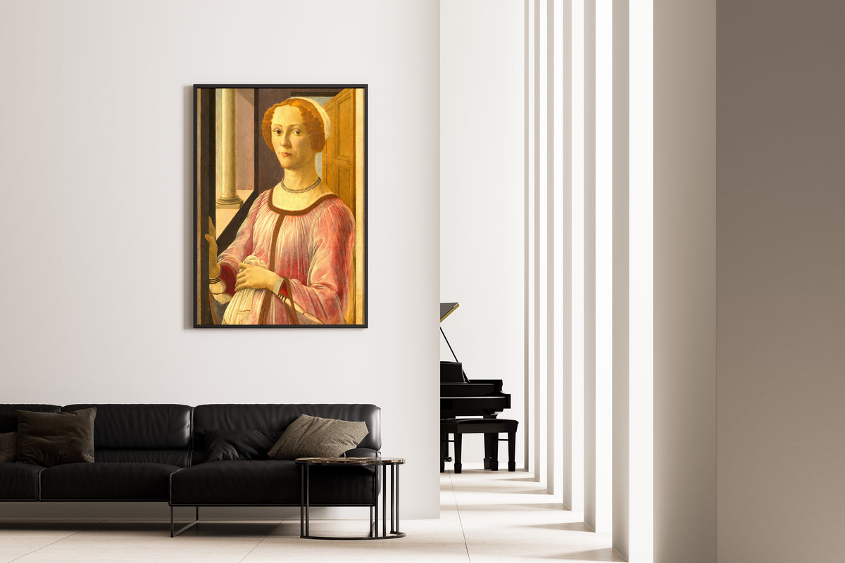 Framed art print of Portrait of Smeralda Bandinelli by Sandro Botticelli, on the wall of a minimal living room
