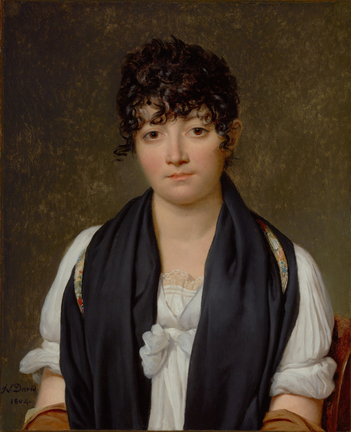 Portrait of Suzanne Le Peletier de Saint-Fargeau by Jacques-Louis David — A direct-gazing woman in a black shawl over a white dress