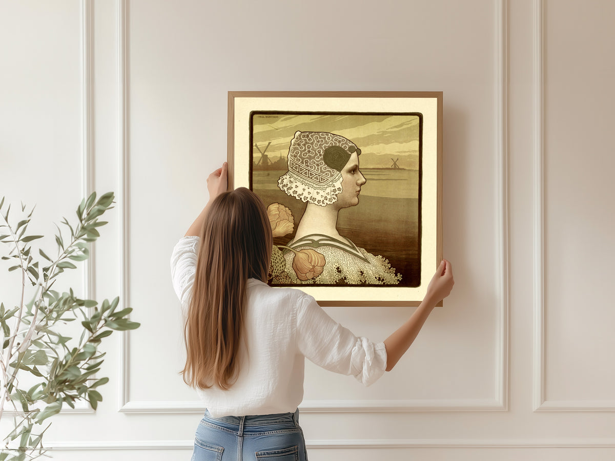 Framed art print of Portrait of Wilhelmina, Queen of the Netherlands by Paul Berthon, hung on a panelled wall
