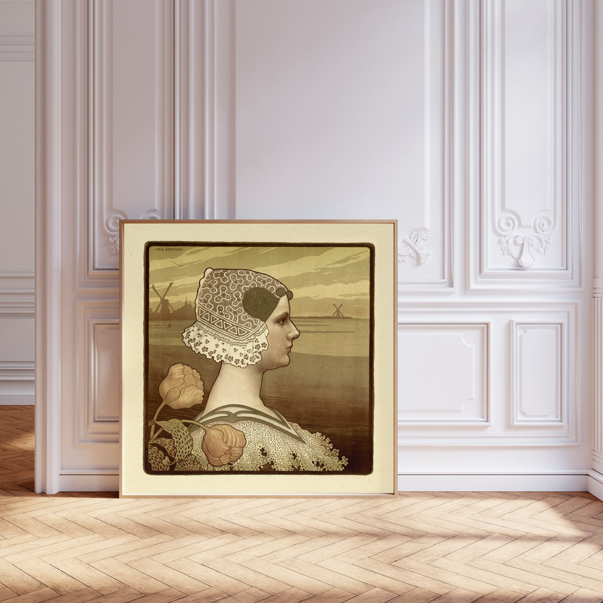 Framed art print of Portrait of Wilhelmina, Queen of the Netherlands by Paul Berthon, leaning against pale pink panelling on a herringbone floor