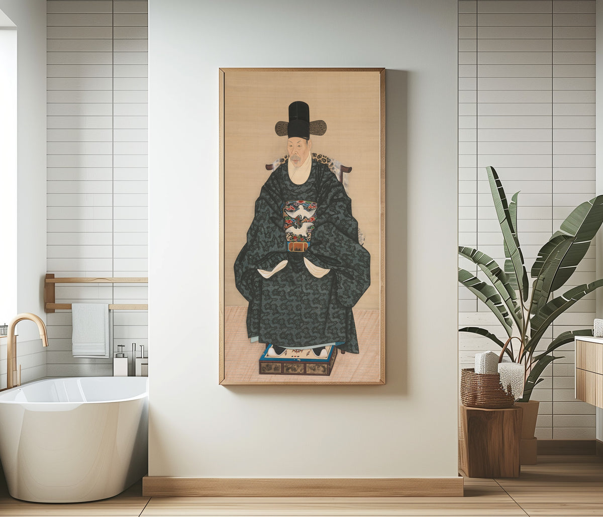 Framed art print of Portrait of Yun Dongseom (1710–1795) by Korean painter (unidentified), in a bathroom beside a freestanding tub