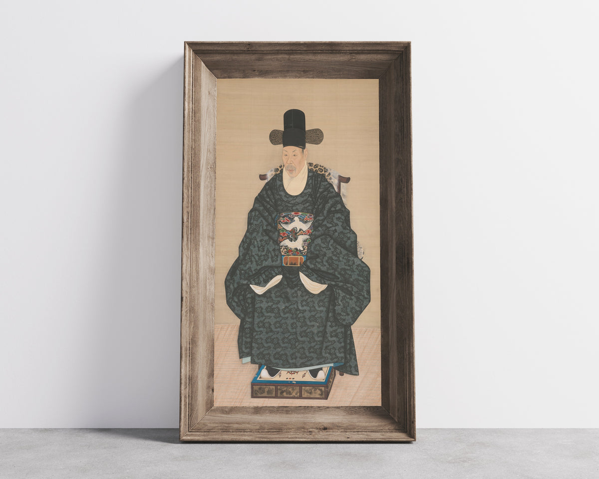 Framed art print of Portrait of Yun Dongseom (1710–1795) by Korean painter (unidentified), in a wide wooden frame leaning against a concrete wall