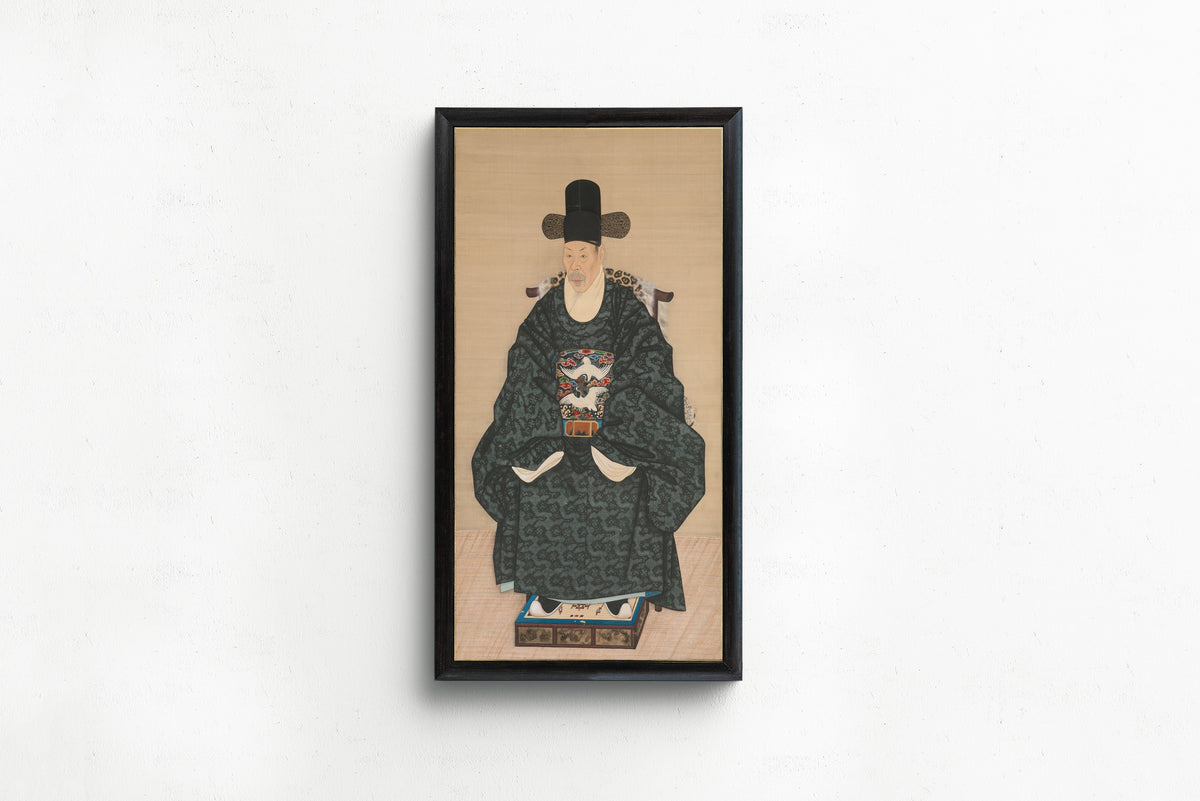 Framed art print of Portrait of Yun Dongseom (1710–1795) by Korean painter (unidentified), in a slim black frame on a plain white wall