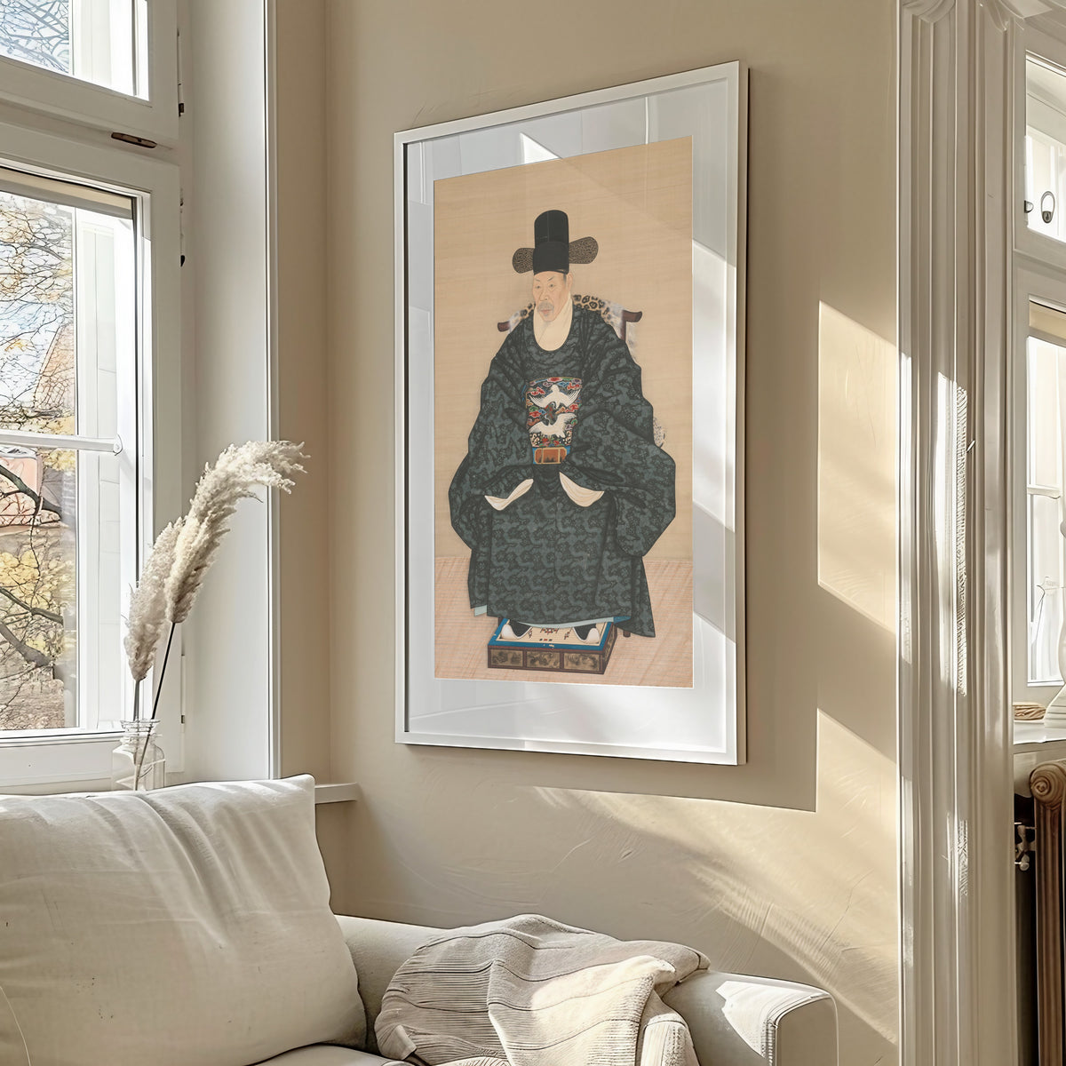 Framed art print of Portrait of Yun Dongseom (1710–1795) by Korean painter (unidentified), in a sunlit living room above a sofa