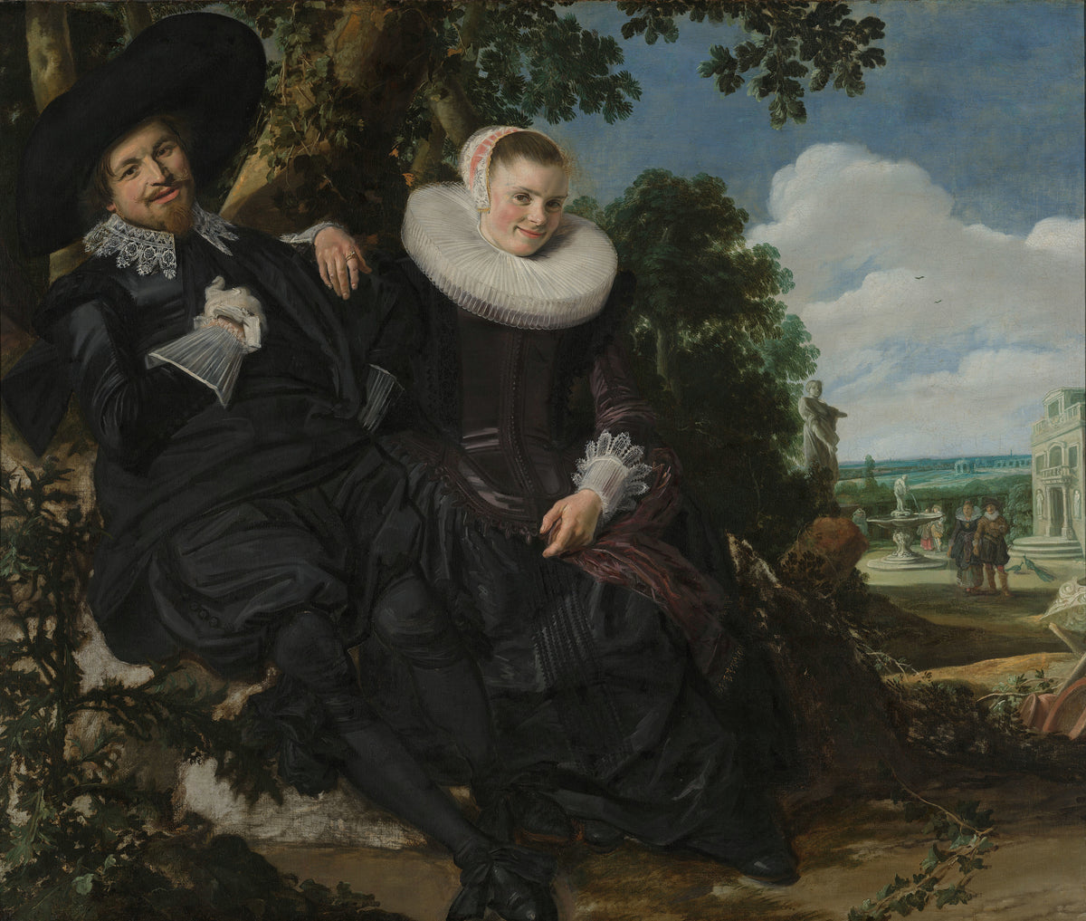 Portrait of a Couple, Probably Isaac Abrahamsz Massa and Beatrix van der Laen by Frans Hals — A smiling couple lean together beneath a tree in a garden