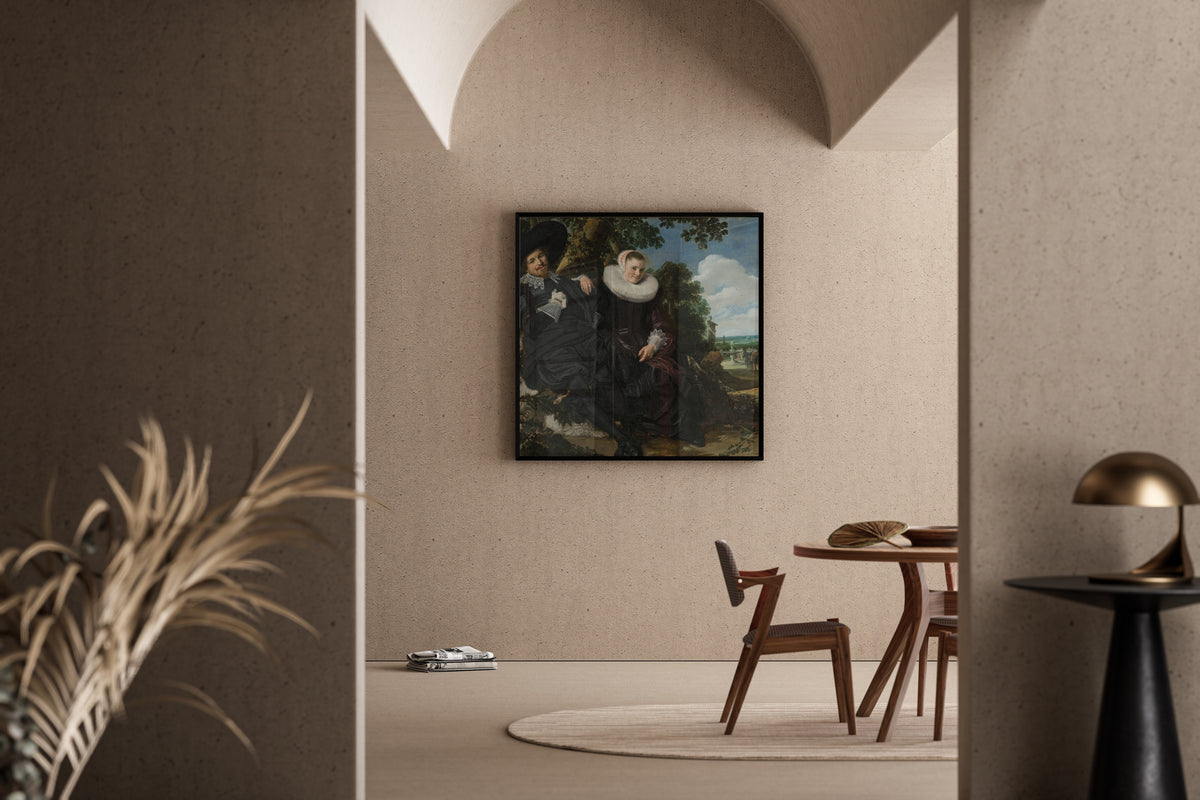 Framed art print of Portrait of a Couple, Probably Isaac Abrahamsz Massa and Beatrix van der Laen by Frans Hals, in a sunlit dining corner