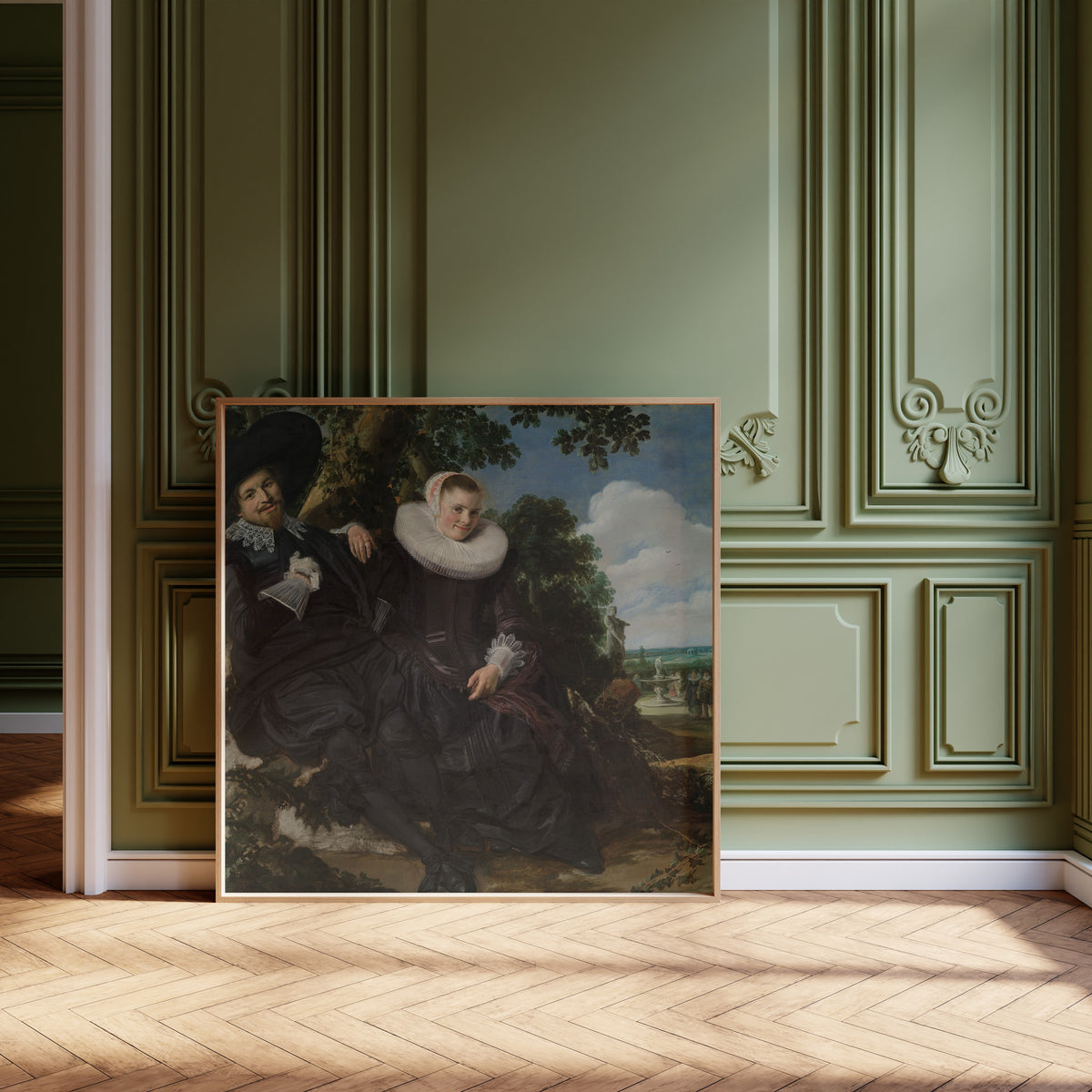 Framed art print of Portrait of a Couple, Probably Isaac Abrahamsz Massa and… by Frans Hals, leaning against olive-green panelling on a herringbone floor