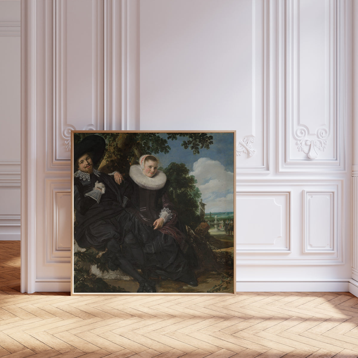 Framed art print of Portrait of a Couple, Probably Isaac Abrahamsz Massa and Beatrix… by Frans Hals, leaning against pale pink panelling on a herringbone floor