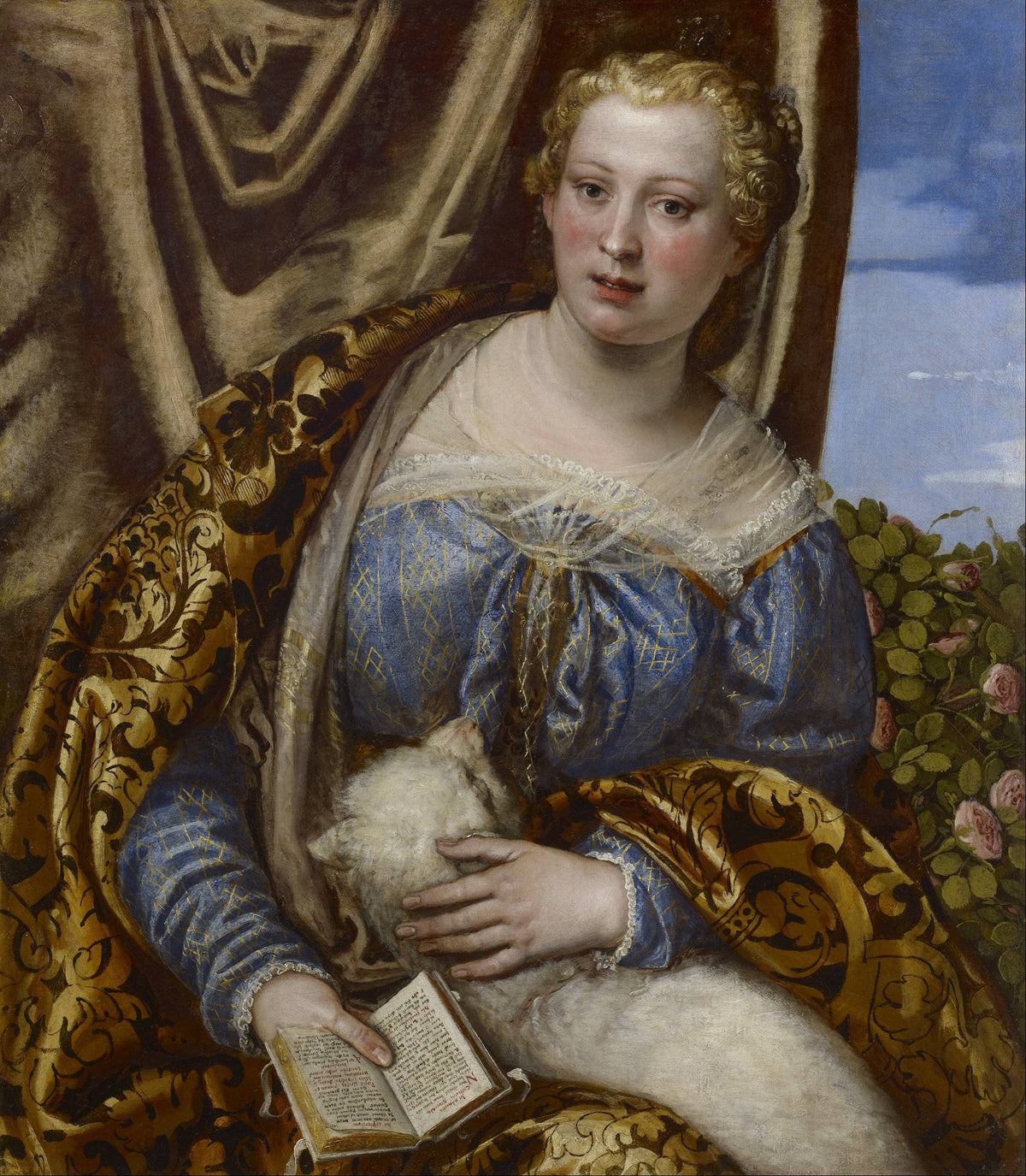 Portrait of a Lady as Saint Agnes by Paolo Veronese — A fair-haired woman in blue holds a lamb and a small book