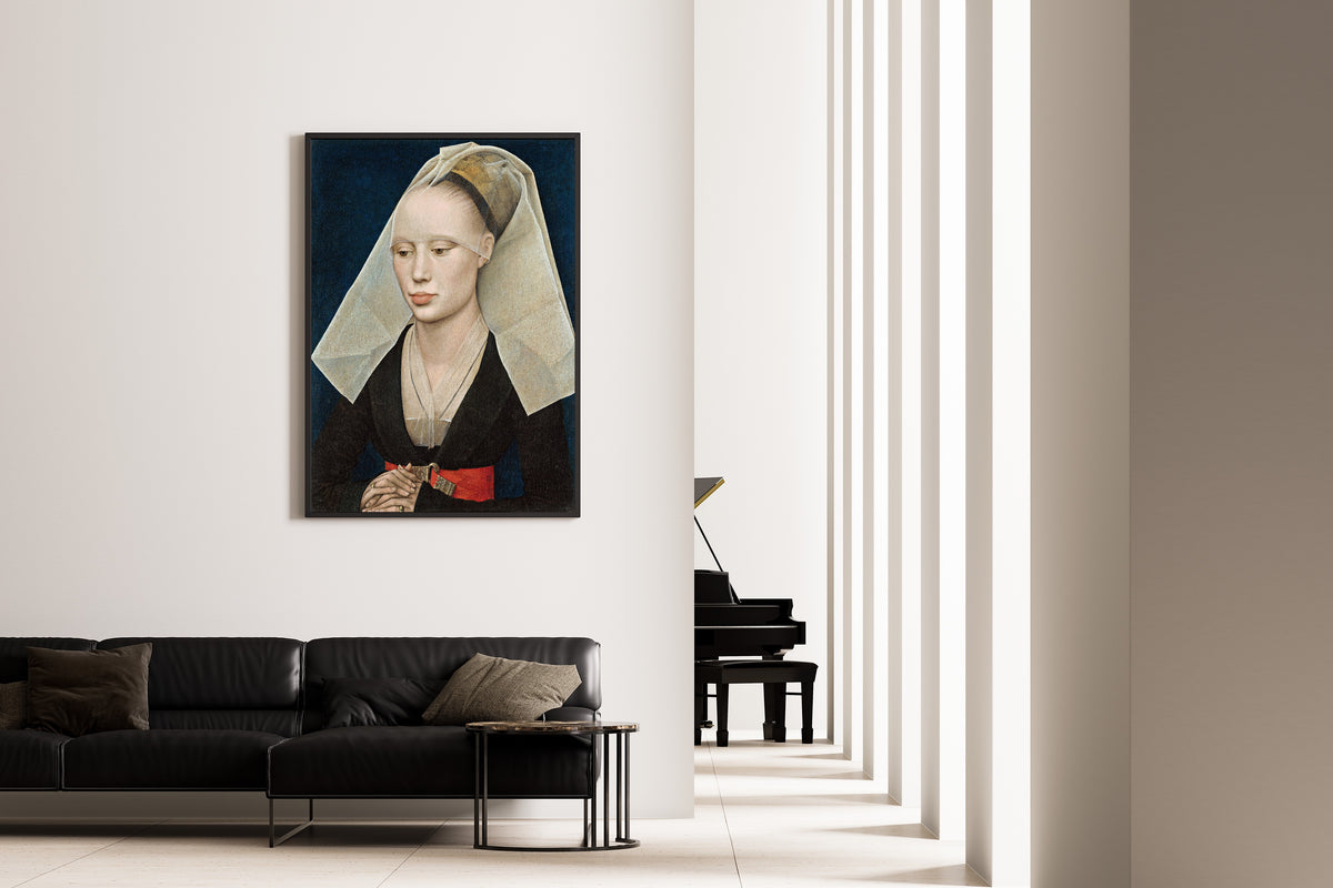 Framed art print of Portrait of a Lady by Rogier van der Weyden, on the wall of a minimal living room