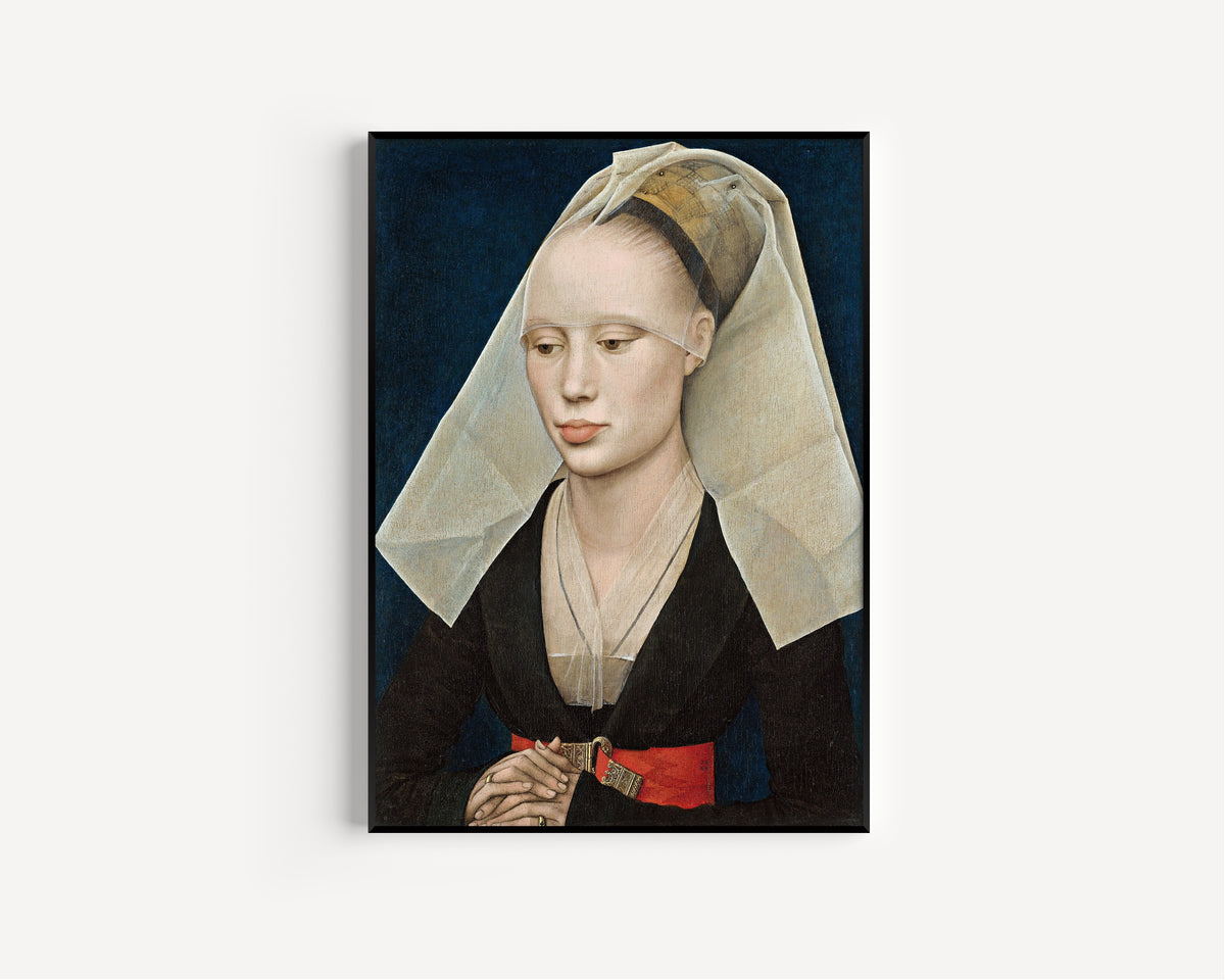 Framed art print of Portrait of a Lady by Rogier van der Weyden, in a slim black frame on a plain white wall