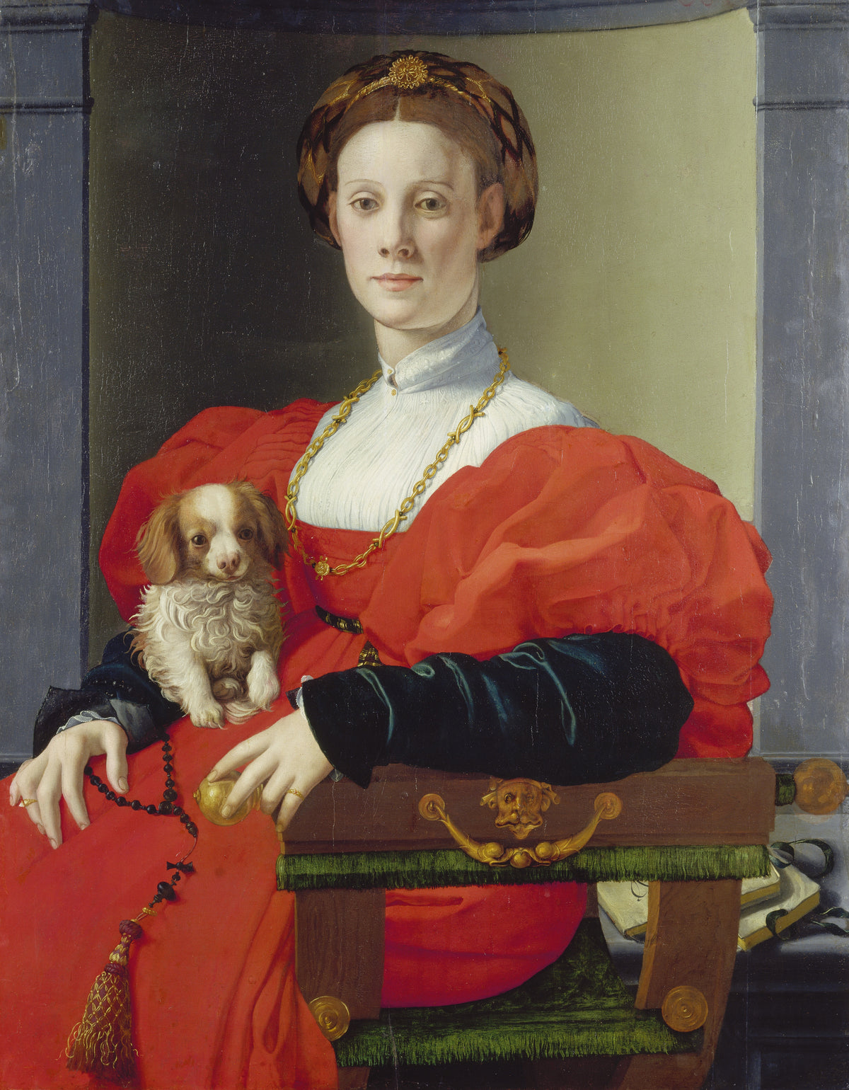 Portrait of a Lady in Red (Francesca Salviati) by Bronzino — A woman in a vast red gown with a small dog on her lap