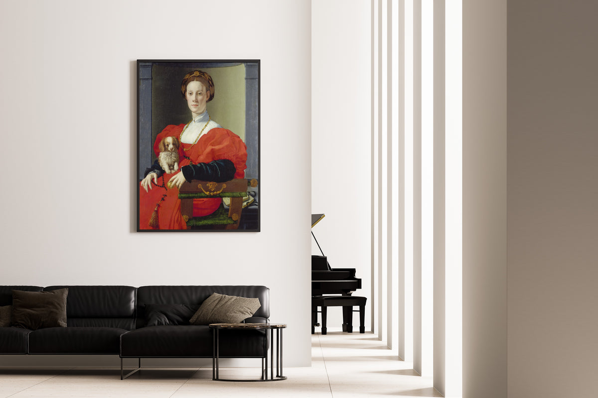 Framed art print of Portrait of a Lady in Red (Francesca Salviati) by Bronzino, on the wall of a minimal living room