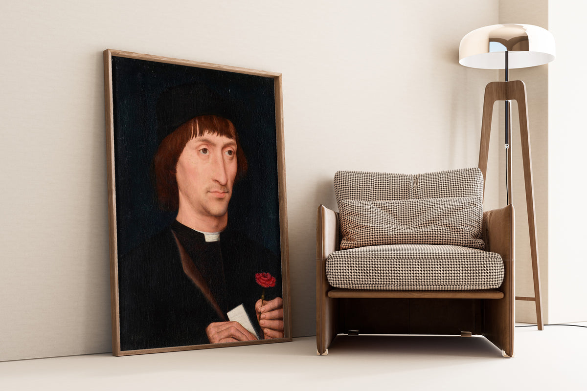 Framed art print of Portrait of a Man with a Pink by Hans Memling, leaning against a wall beside an armchair and a floor lamp