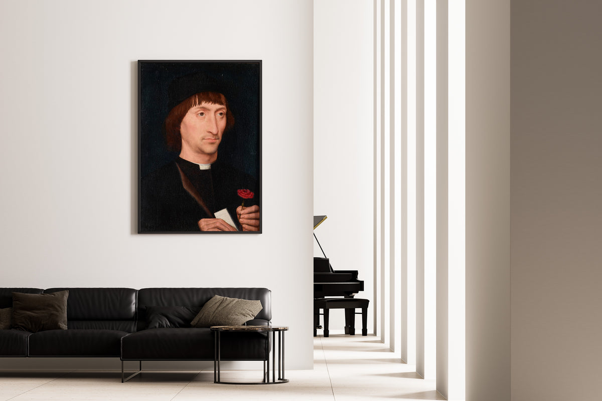 Framed art print of Portrait of a Man with a Pink by Hans Memling, on the wall of a minimal living room
