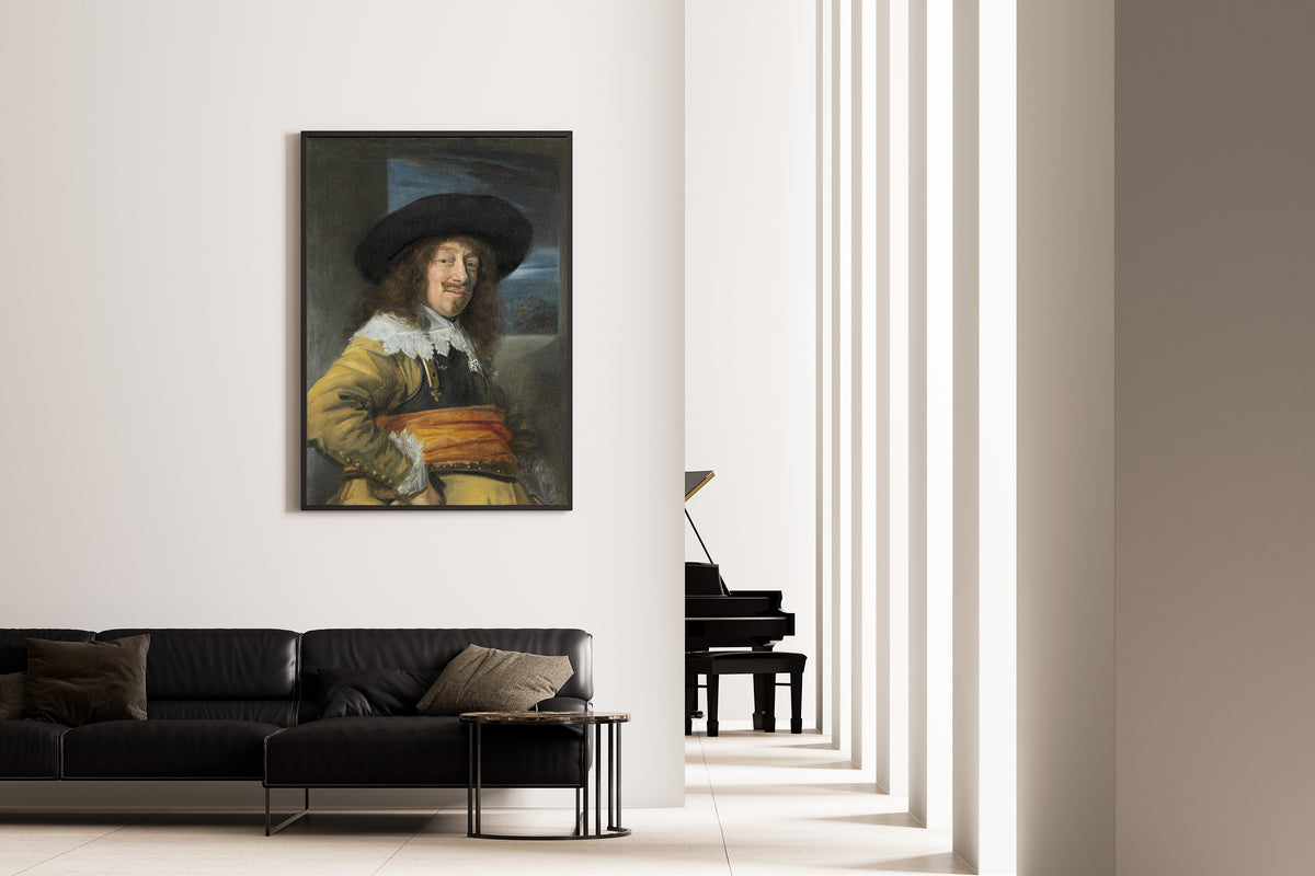 Framed art print of Portrait of a Member of the Haarlem Civic Guard by Frans Hals, on the wall of a minimal living room
