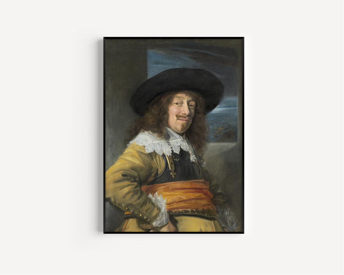 Framed art print of Portrait of a Member of the Haarlem Civic Guard by Frans Hals, in a slim black frame on a plain white wall
