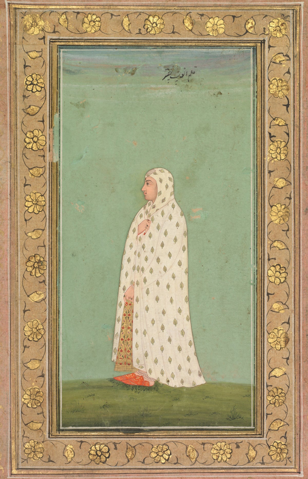Portrait of a Woman by Bikaner school — A woman in a white leaf-patterned shawl stands in profile