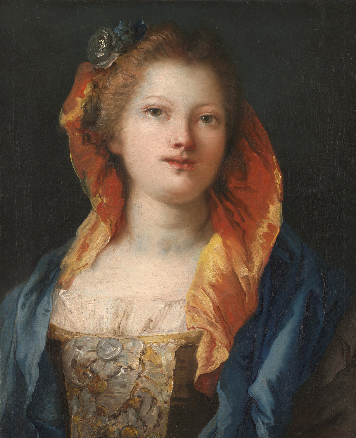 Portrait of a Woman by Giovanni Domenico Tiepolo — A woman in an orange silk hood and blue wrap glows against black