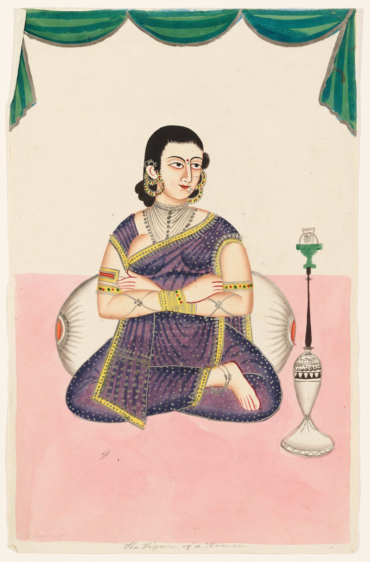 Portrait of a Woman by Kalighat painter — A woman sits cross-legged by a hookah, arms folded