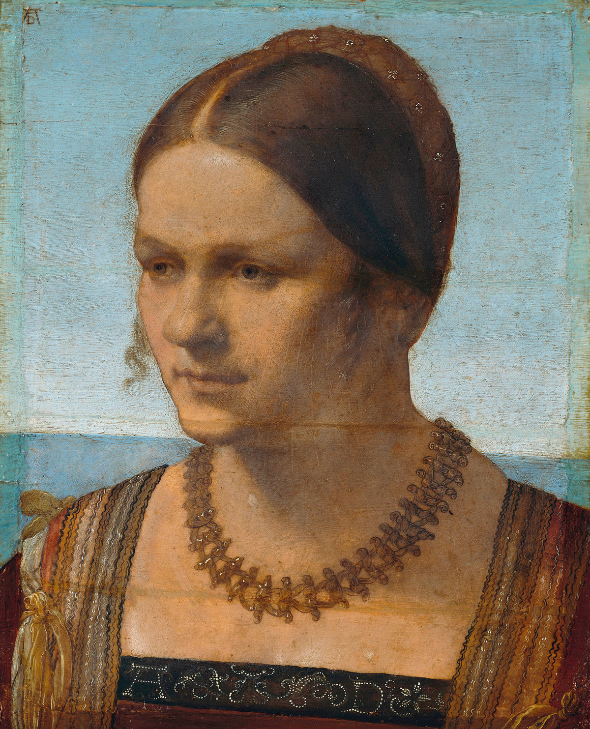 Portrait of a Young Venetian Woman by Albrecht Dürer — A young woman gazes aside, a gold necklace at her collar