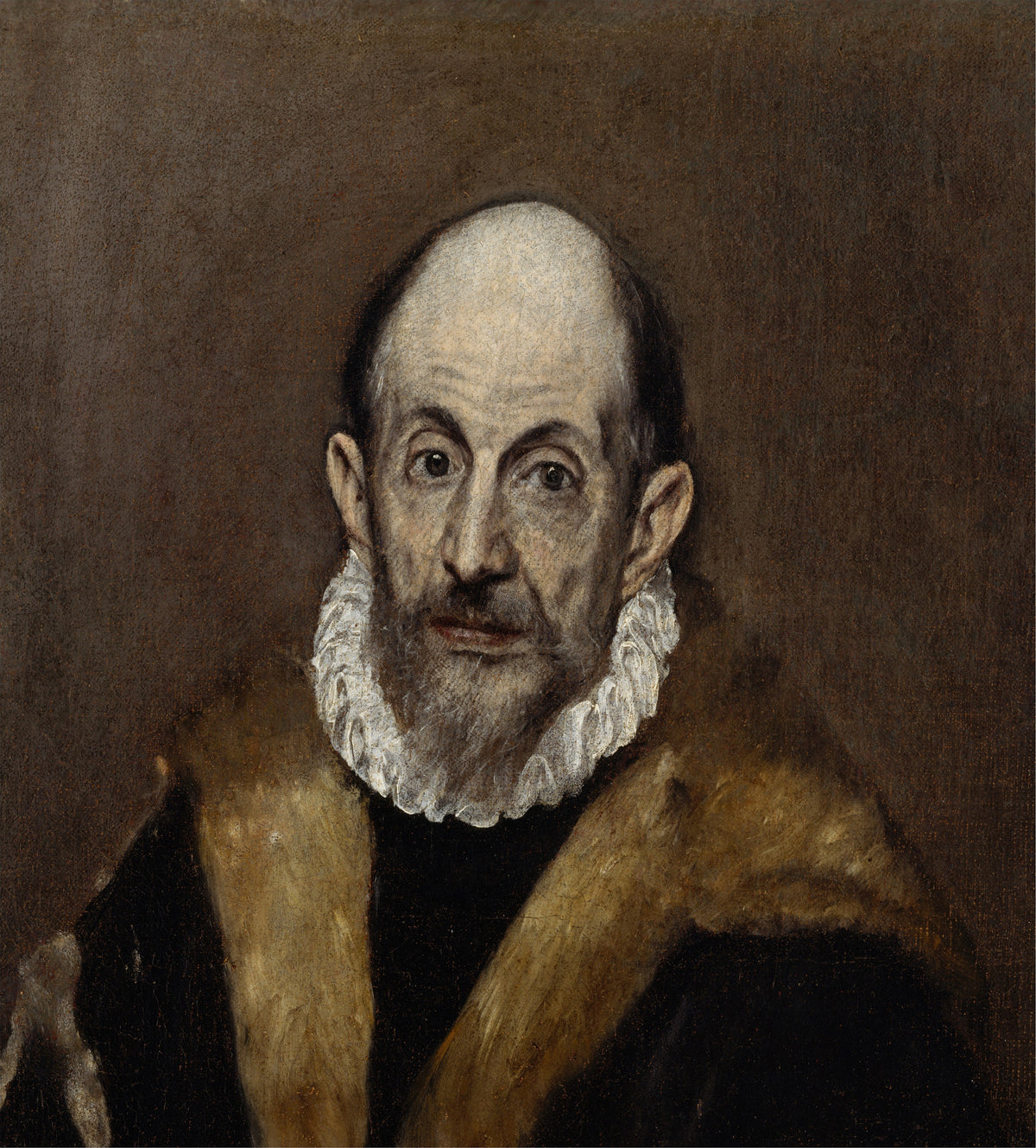 Portrait of an Old Man by El Greco — A bald, grey-bearded man in a white ruff and fur collar
