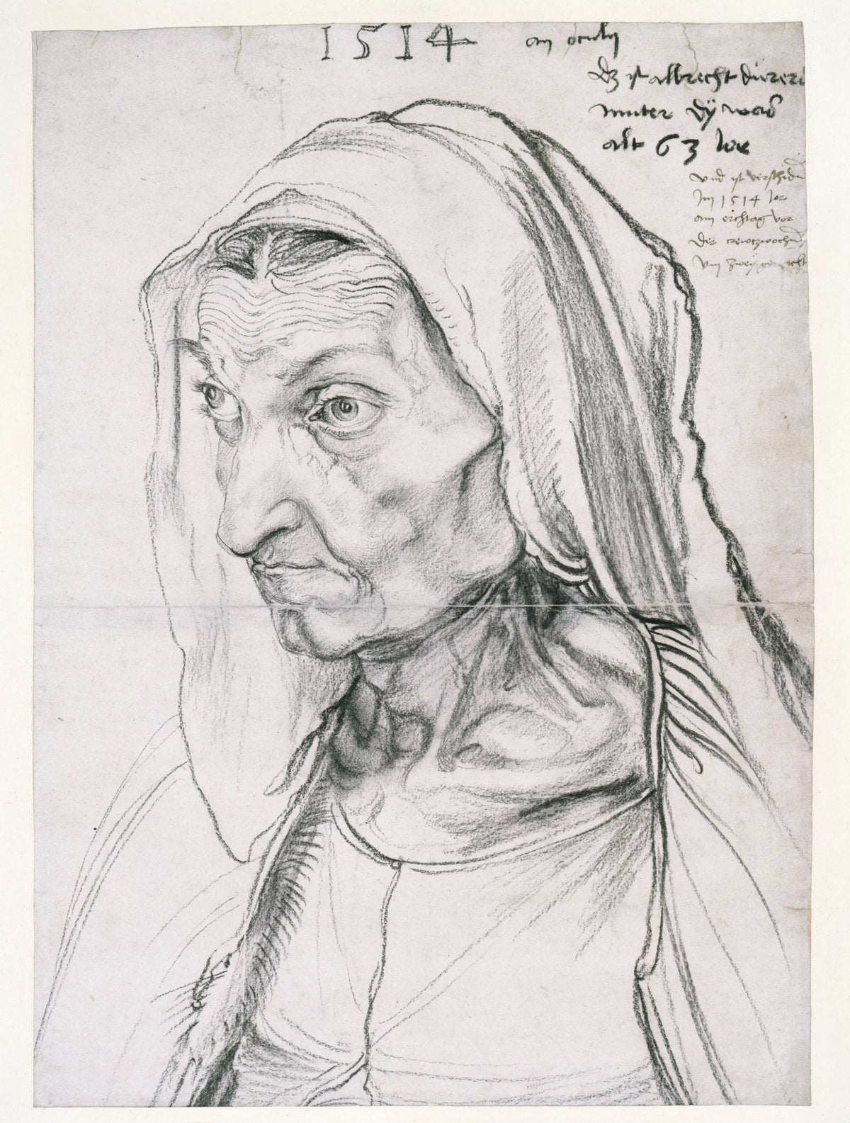 Portrait of the Artist's Mother at the Age of 63 by Albrecht Dürer — An aged woman in a headcloth, drawn close in charcoal