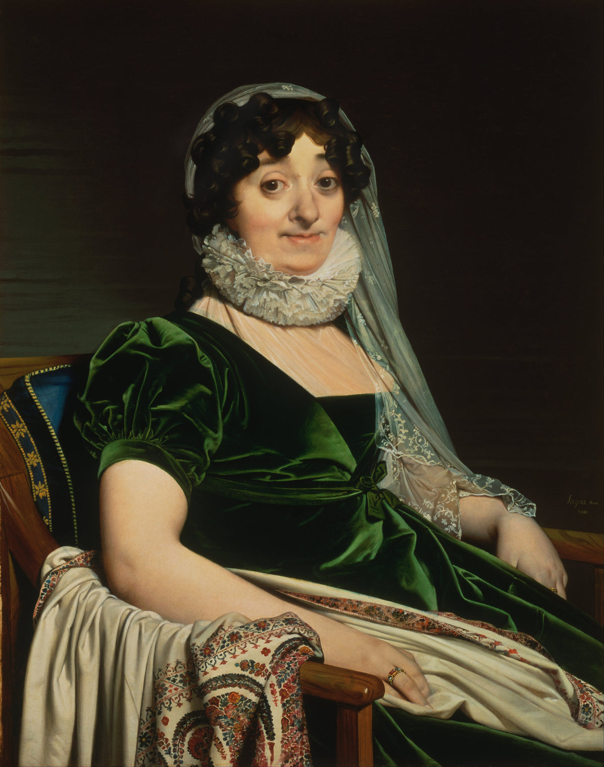 Portrait of the Countess of Tournon by Jean-Auguste-Dominique Ingres — A woman in green velvet, a pleated ruff and a lace veil