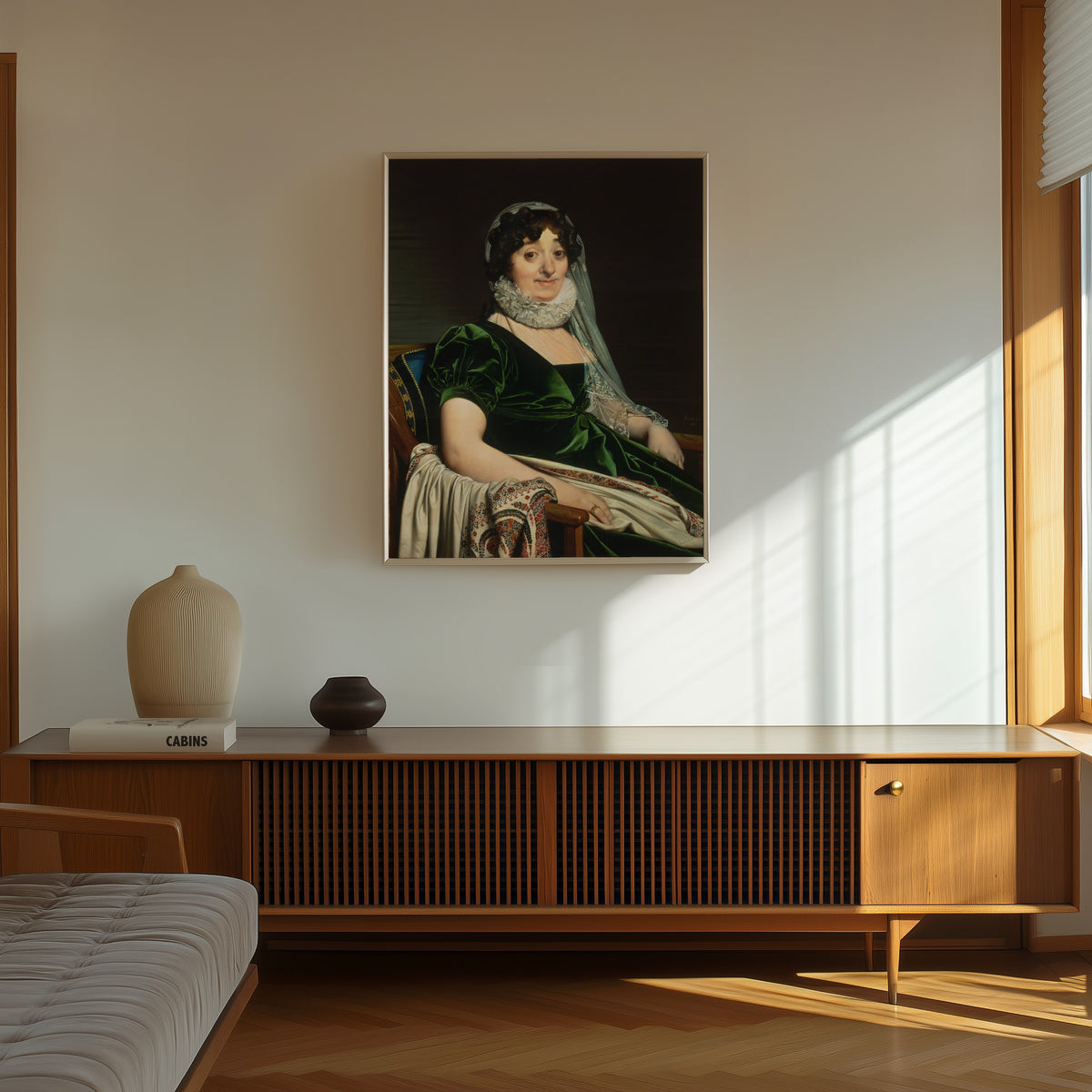 Framed art print of Portrait of the Countess of Tournon by Jean-Auguste-Dominique Ingres, in a thin light frame on a sunlit wall above a wooden sideboard