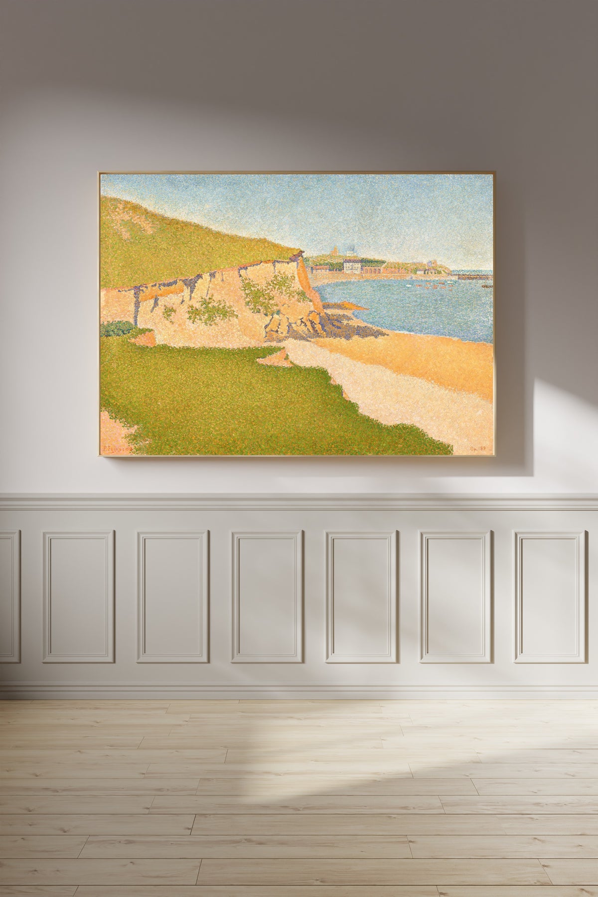 Framed art print of Portrieux, Tertre Denis by Paul Signac, on a panelled wall in afternoon light