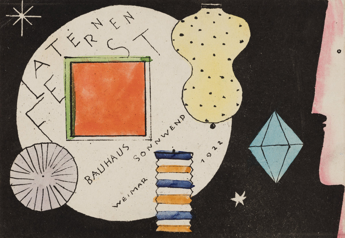 Postcard invitation to a lantern festival by Oskar Schlemmer — Paper lanterns, stars and a profile head on a black festival card