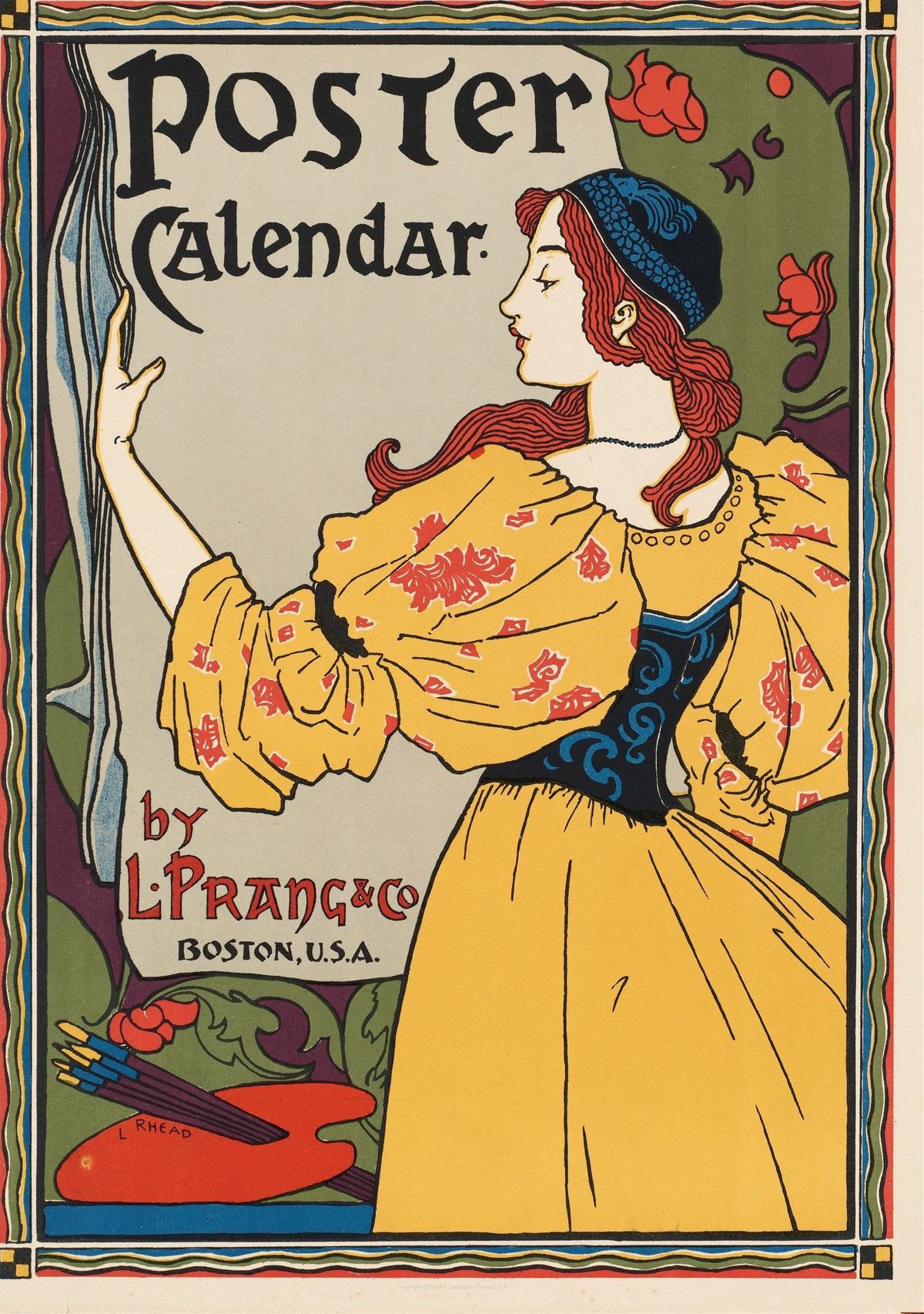 Poster Calendar by Louis Rhead — A woman in a yellow puff-sleeved gown turns a calendar page