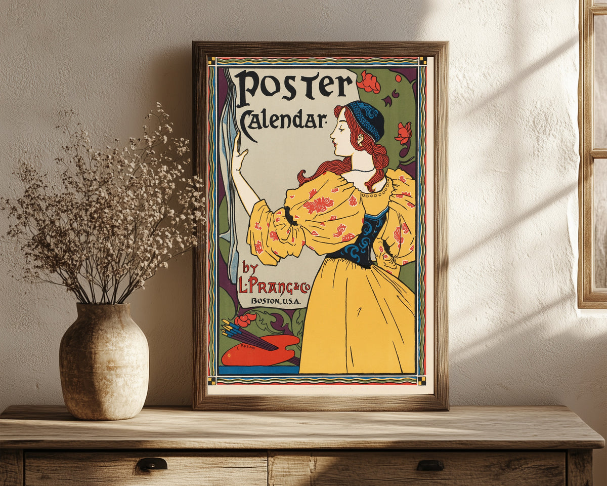 Framed art print of Poster Calendar by Louis Rhead, in a dark wood frame leaning on a rustic console beside dried flowers