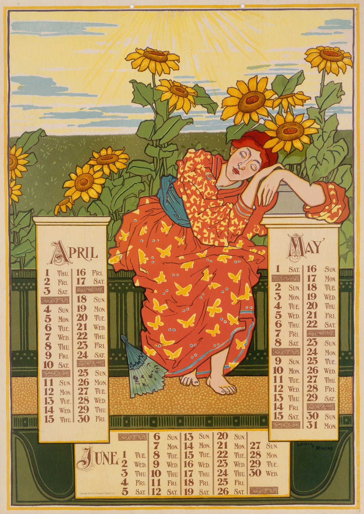 Poster Calendar for 1897: April, May, June by Louis Rhead — A woman in a butterfly-patterned robe dozes among tall sunflowers