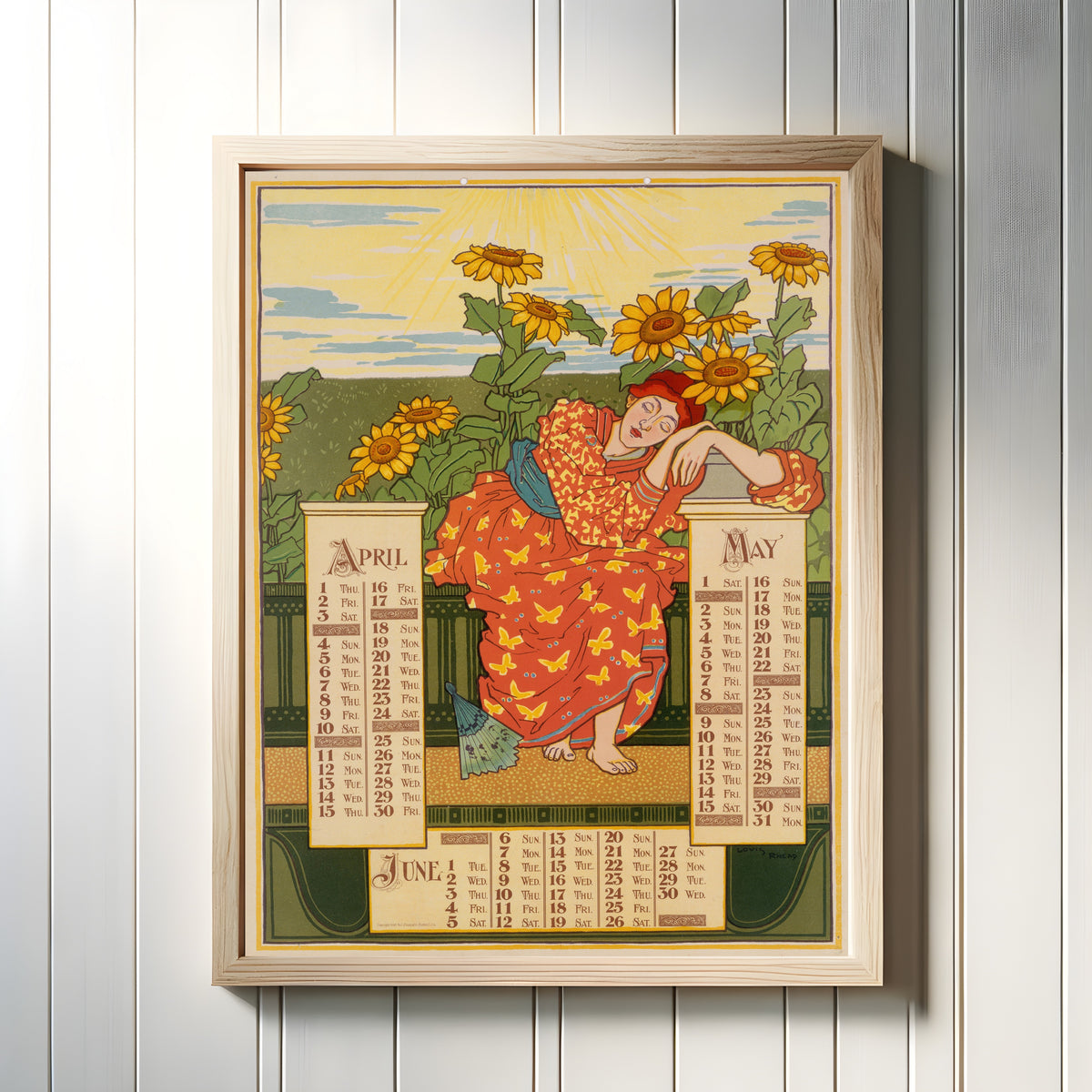 Framed art print of Poster Calendar for 1897: April, May, June by Louis Rhead, in a light wood frame on a white panelled wall