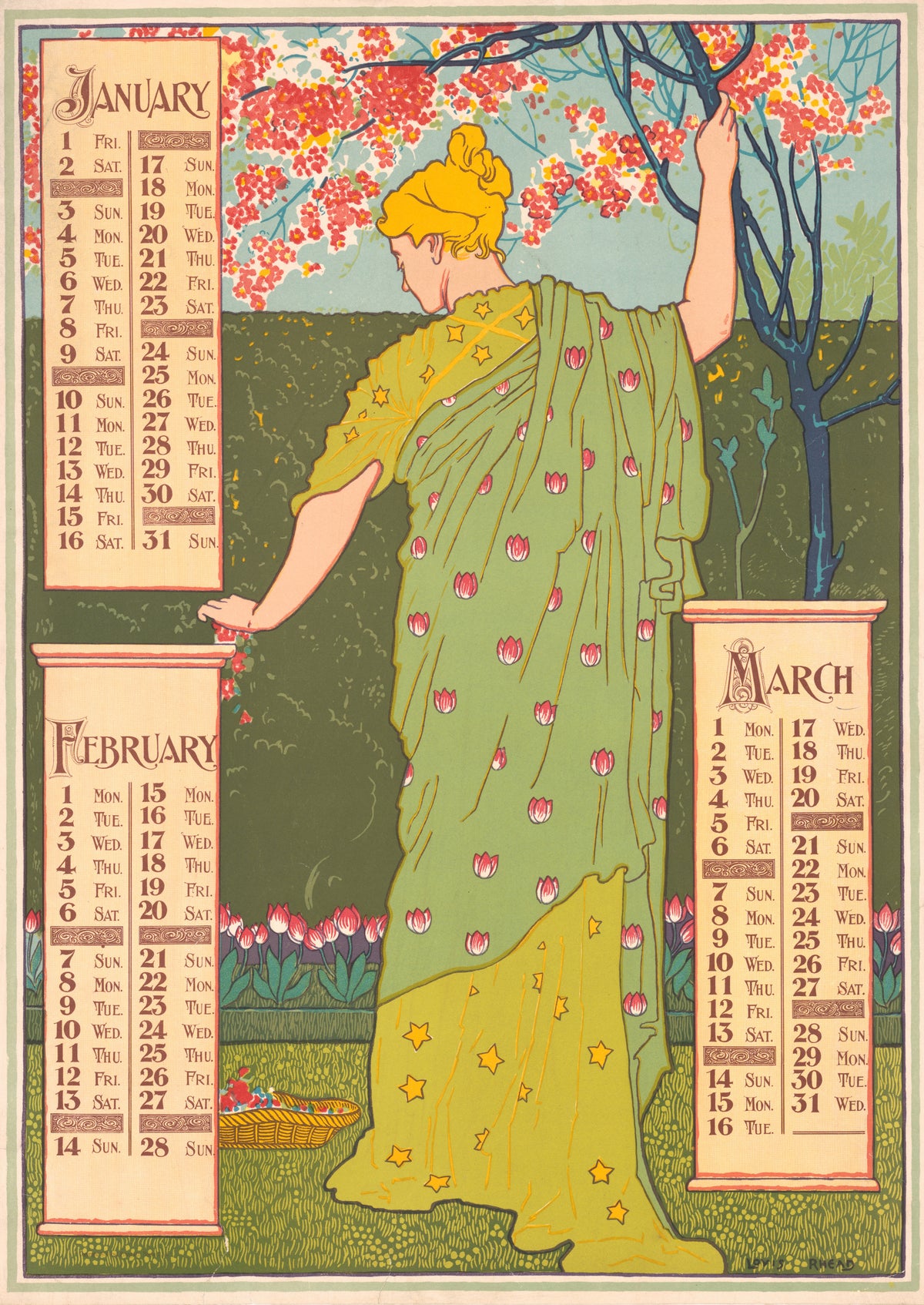 Poster Calendar for 1897: January, February, March by Louis Rhead — A woman in a tulip-patterned robe reaches for spring blossom