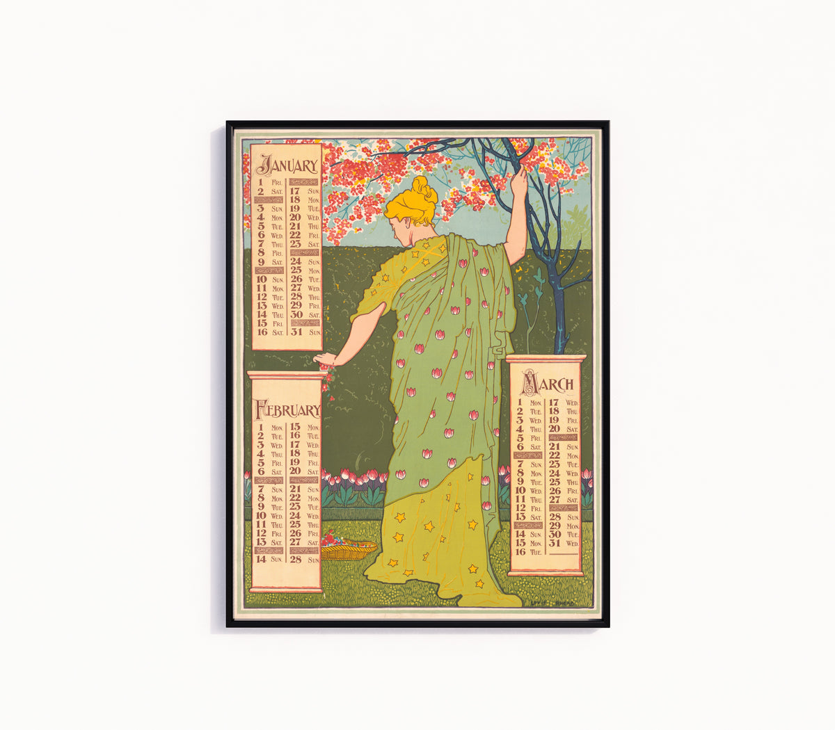 Framed art print of Poster Calendar for 1897: January, February, March by Louis Rhead, in a slim black frame on a plain white wall