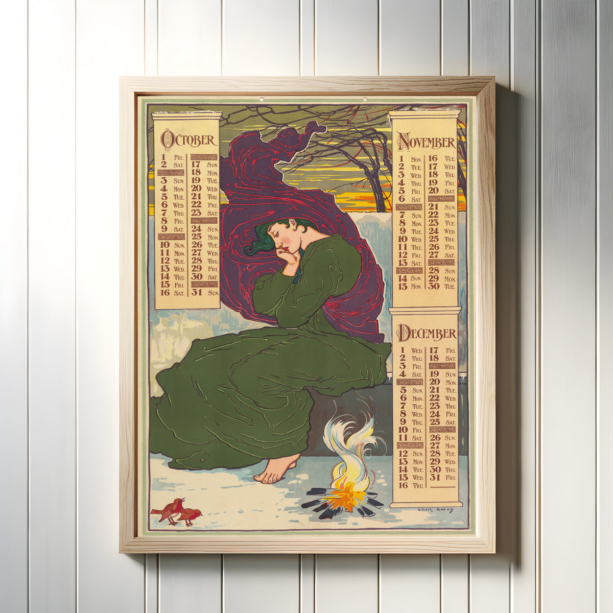 Framed art print of Poster Calendar for 1897: October, November, December by Louis Rhead, in a light wood frame on a white panelled wall