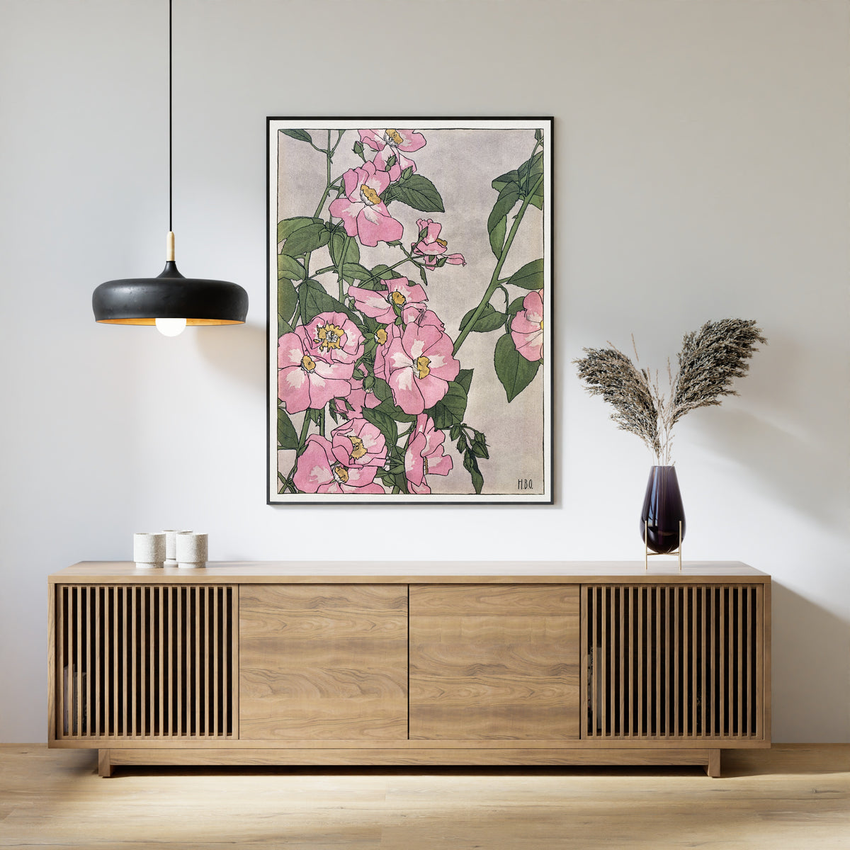 Prairie Rose by Hannah Borger Overbeck — framed above a slatted wood sideboard