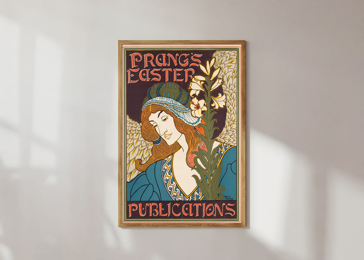Framed art print of Prang's Easter Publications by Louis Rhead, in a light wood frame on a sunlit white wall