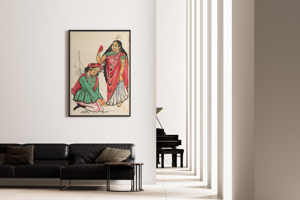 Framed art print of Pravira Kneeling at the Feet of Jana by Kalighat painter, on the wall of a minimal living room