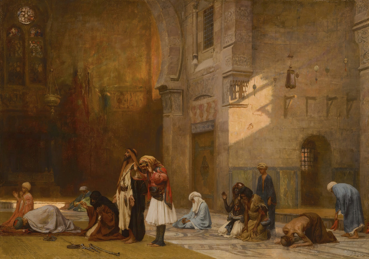 Prayer in the Mosque, Cairo by Frederick Arthur Bridgman — Worshippers kneel and bow in prayer across a sunlit mosque floor
